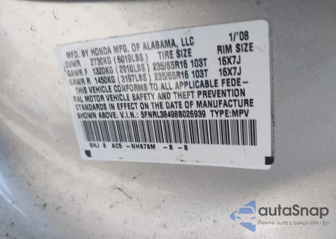 2008 Honda Odyssey Ex z USA, uszkodzony, nr VIN 5FNRL38498B026939